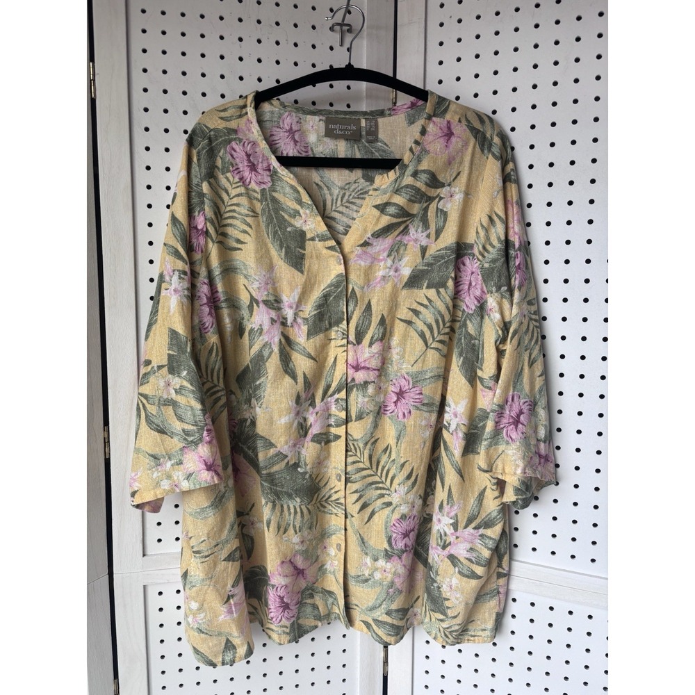 Naturals D&Co 3/4 SLV Womens 1X Linen Blend Collarless Button Down Shirt Floral